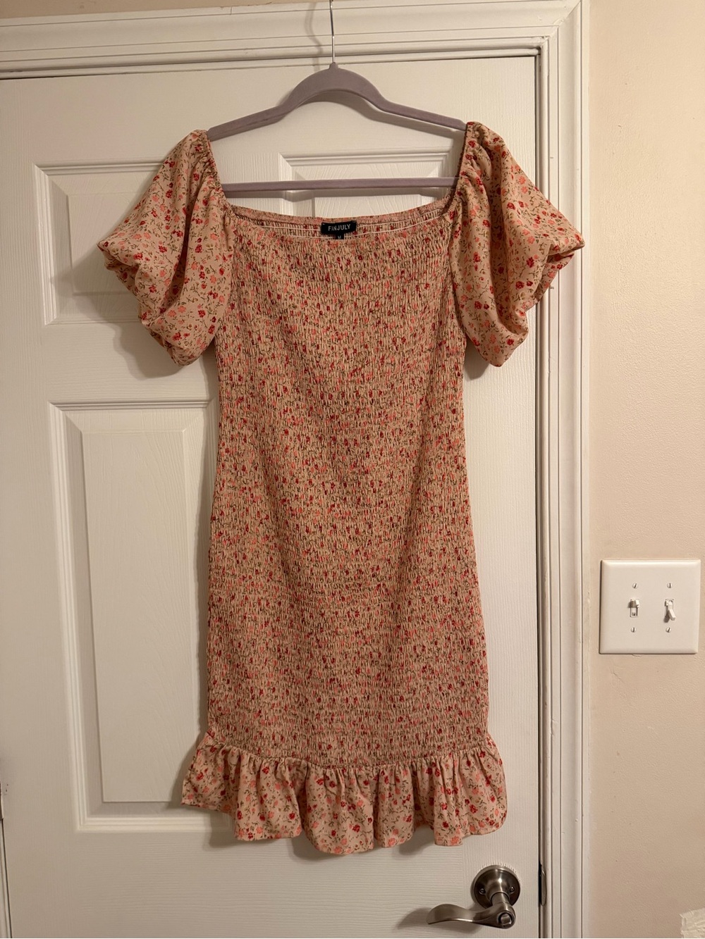 Floral Smocked Mini Dress with Puff Sleeves - Cream with Pink Accents